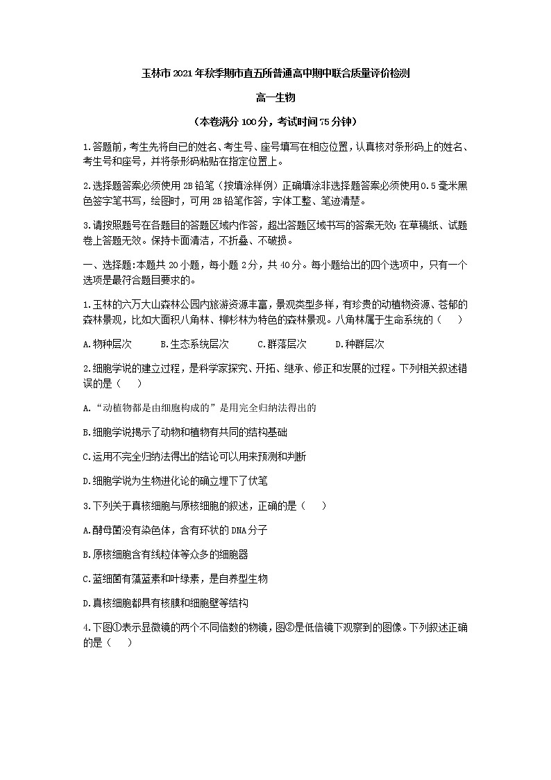 广西玉林市市直五所普通高中2021-2022学年高一上学期期中考试生物试题含答案01