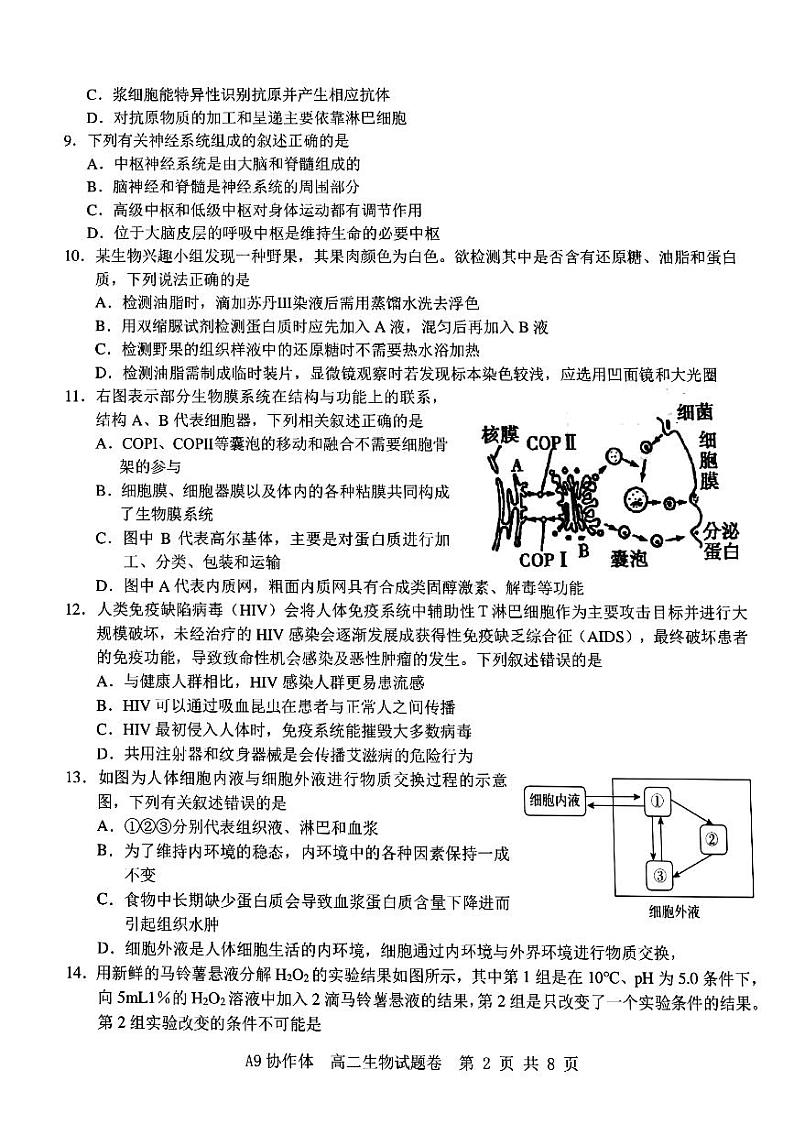浙江省A9协作体2021-2022学年高二上学期期中联考生物试题扫描版含答案02