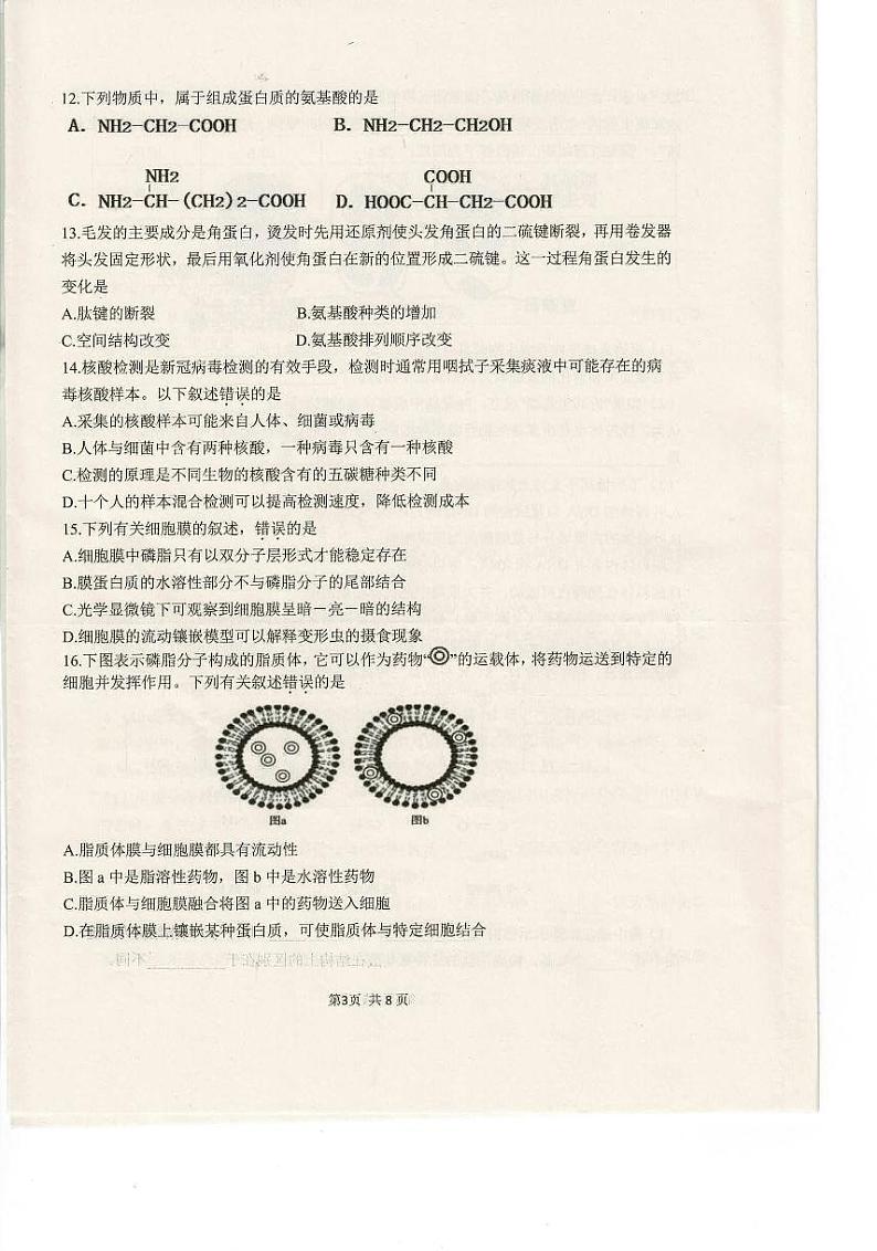 福建省福州市福清市高中联合体2021-2022学年高一上学期期中考试生物试题第3页