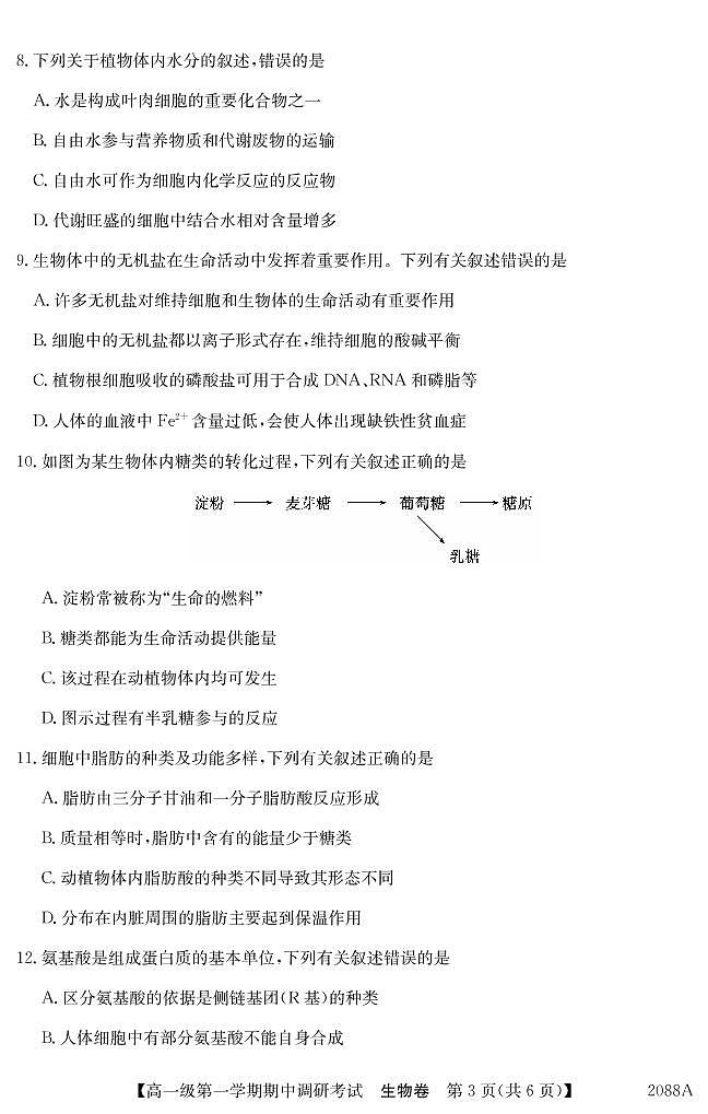广东省八校2021-2022学年高一上学期期中调研考试生物试题PDF版含答案03