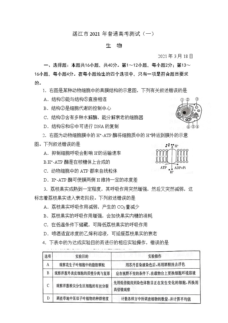 2021年湛江一模生物(试题和答案)01