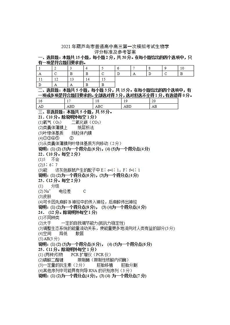 2021届辽宁省葫芦岛市高考一模生物试题01