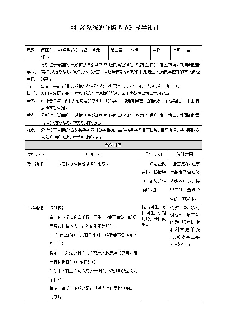 人教版2019选择性必修一2.4 神经系统的分级调节教案01