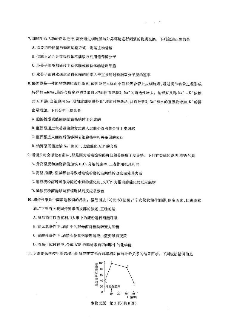 河南省名校大联考2022届高三上学期期中考试生物试题扫描版含答案第3页
