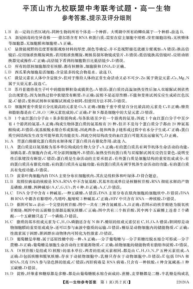 河南省平顶山市九校联盟2021-2022学年高一上学期期中联考生物试题扫描版含答案01