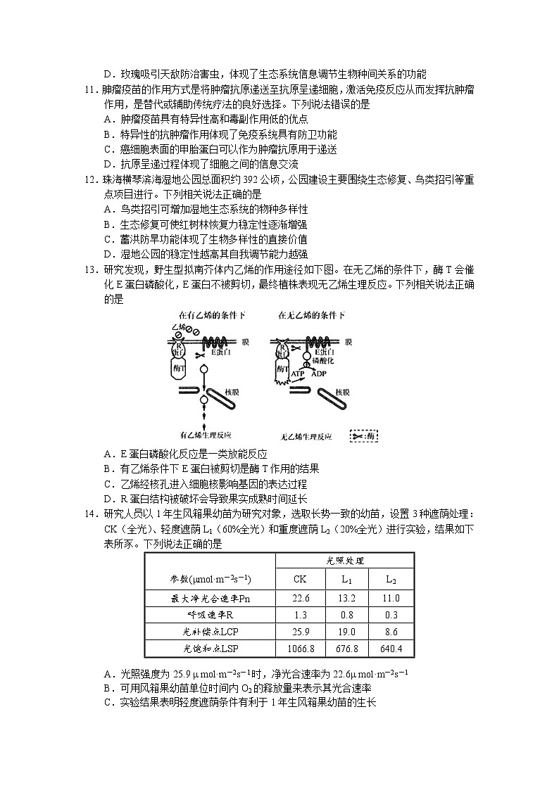 2022届广东省珠海市高三上学期9月摸底测试生物试题（word版含有答案）03