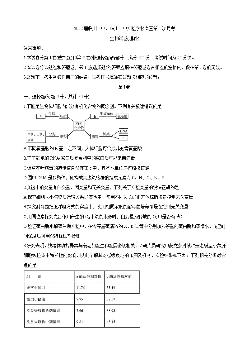 2022届江西省抚州市临川一中、临川一中实验学校高三上学期第一次月考 生物（word版含有答案）练习题第1页