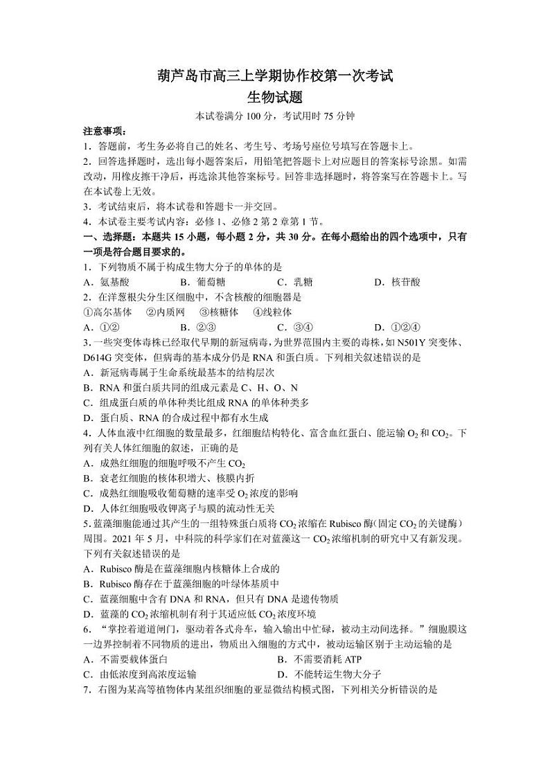 2022届辽宁省葫芦岛市协作校高三上学期10月第一次考试生物试题（PDF版含答案）01
