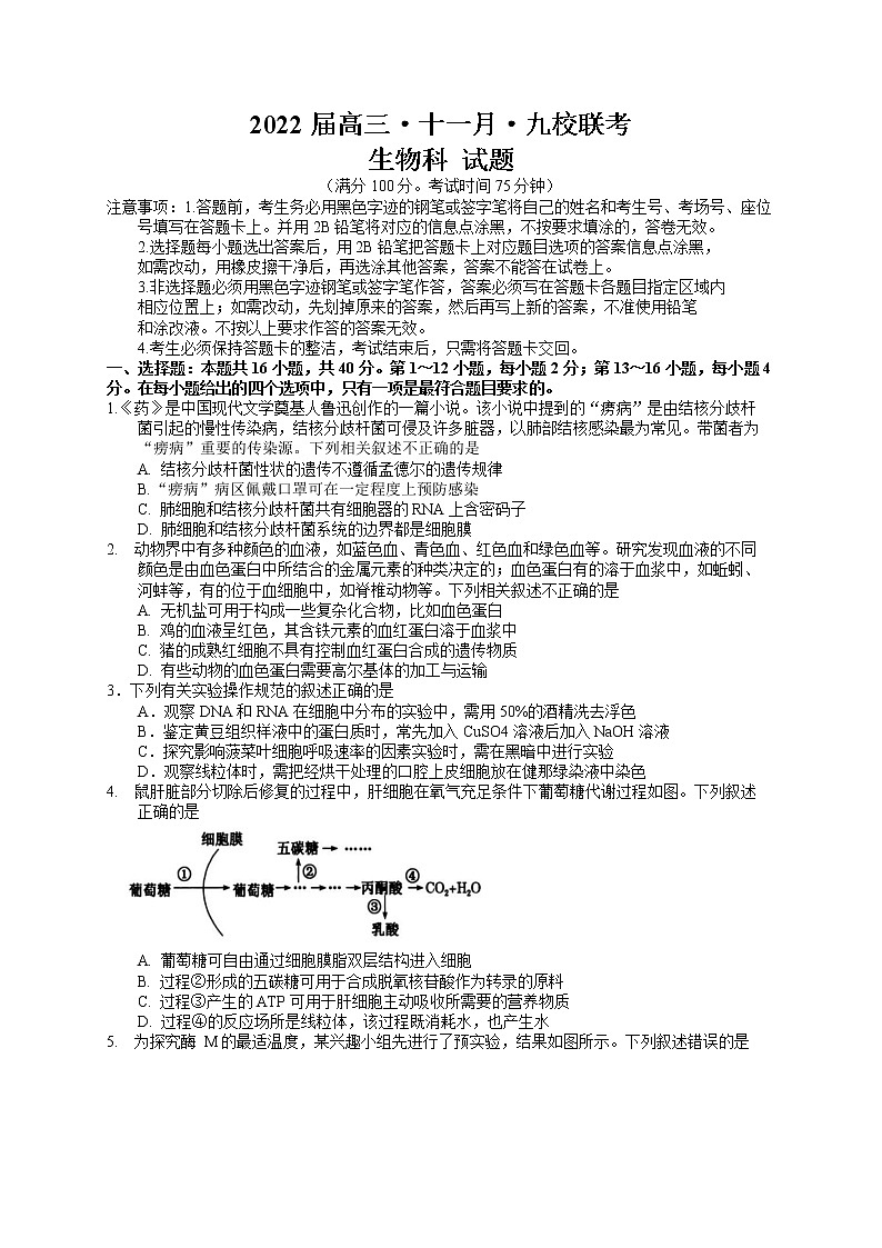 广东省韶关市北江中学等九校2022届高三上学期11月联考生物试题含答案01