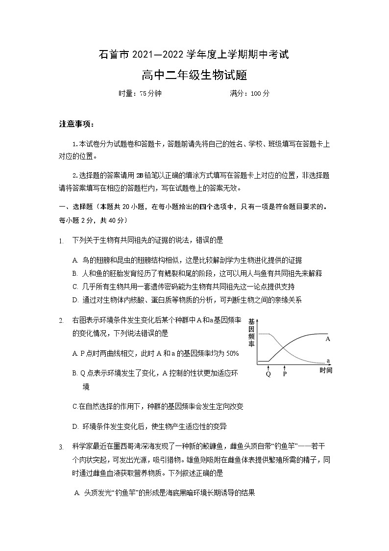 湖北省石首市2021-2022学年高二上学期期中考试生物试题含答案01