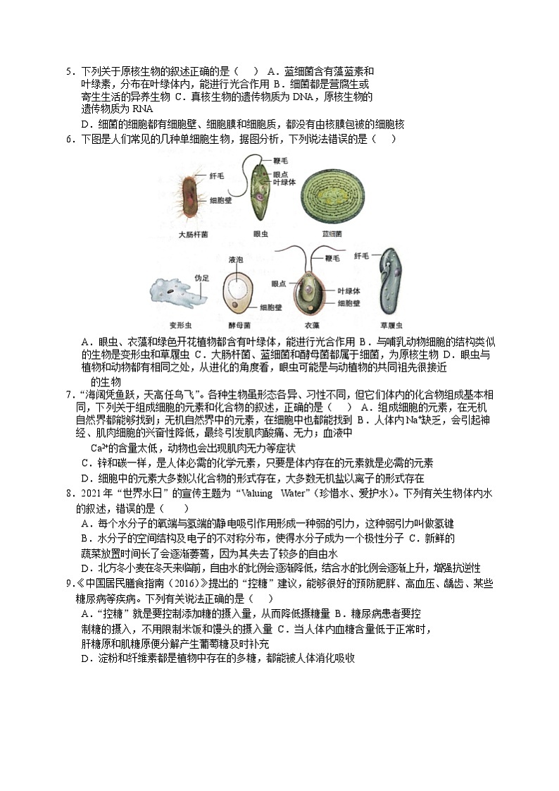 湖北省新高考联考协作体2021-2022学年高一上学期期中考试生物试题含答案02