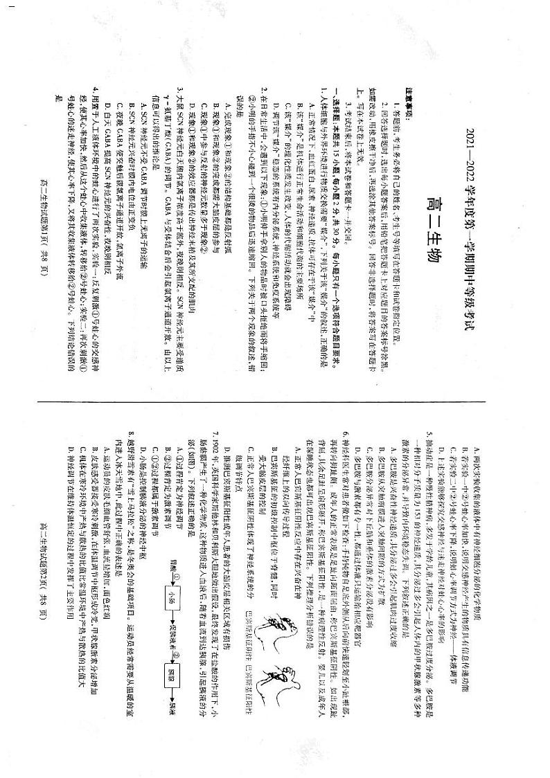山东省烟台市2021-2022学年高二上学期期中联考试题生物PDF版答案01
