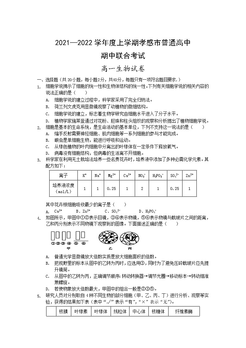 湖北省孝感市普通高中2021-2022学年高一上学期期中联合考试生物【试卷+答案】第1页