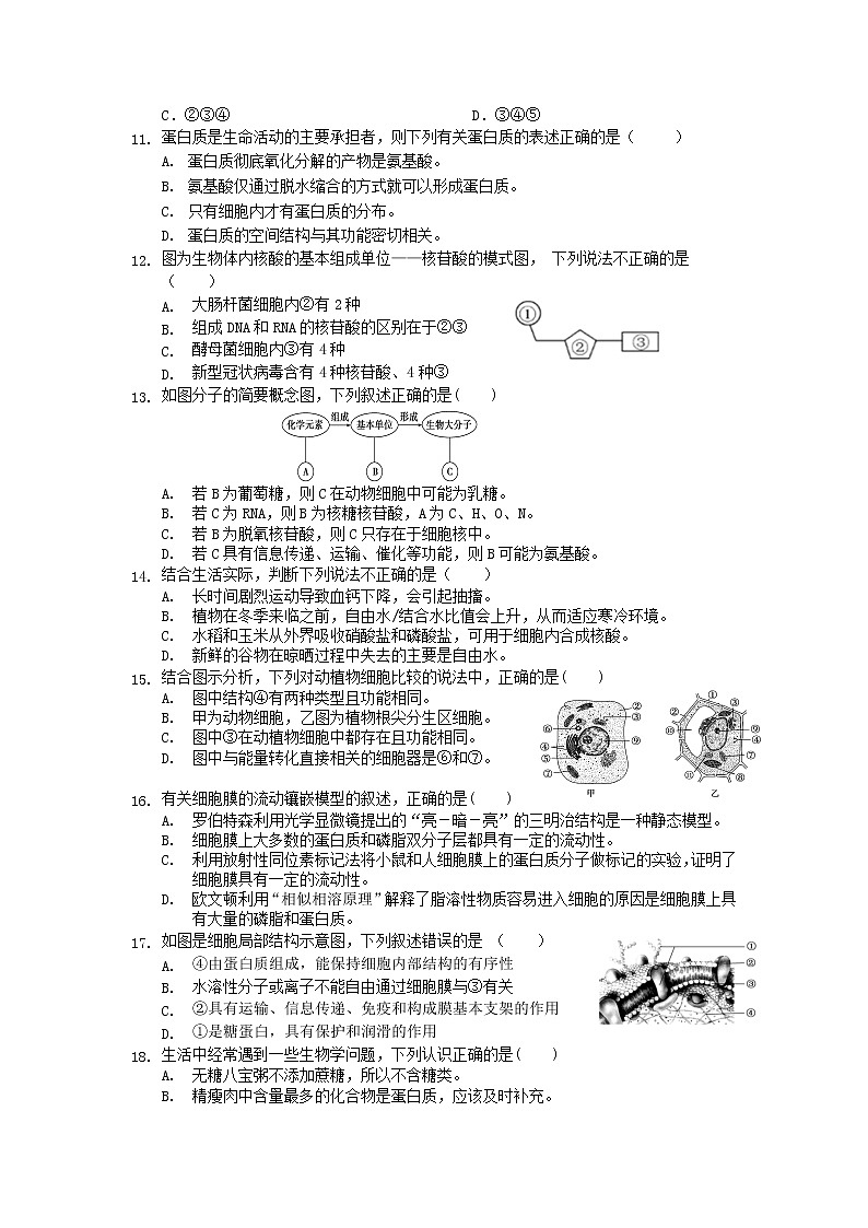 湖北省孝感市普通高中2021-2022学年高一上学期期中联合考试生物【试卷+答案】第3页