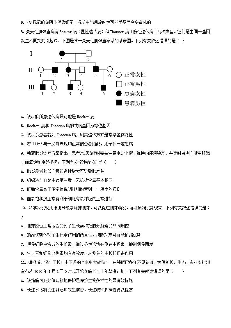 2021届江苏省南京市盐城市高三第一次模拟考试生物试题（含答案）03