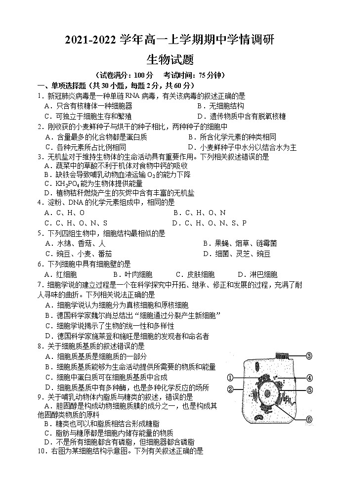 江苏省高邮市2021-2022学年高一上学期期中生物【试卷+答案】01