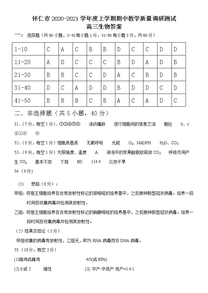 2021届山西省怀仁市高三上学期期中考试生物试题 PDF版01