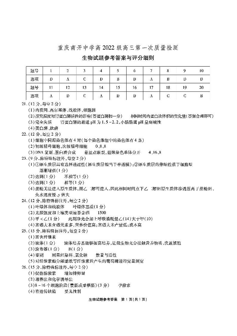 2022届重庆市南开中学高三上学期第一次质量检测（月考）生物试题（PDF版含答案）01