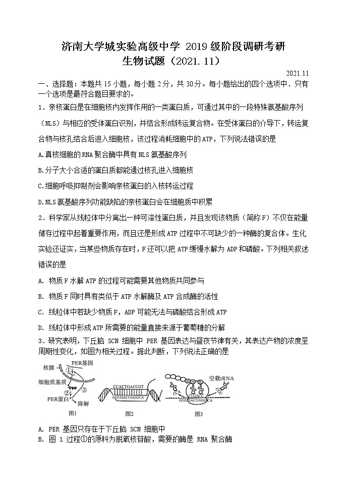 山东省济南大学城实验高中2022届高三上学期11月月考生物试题01