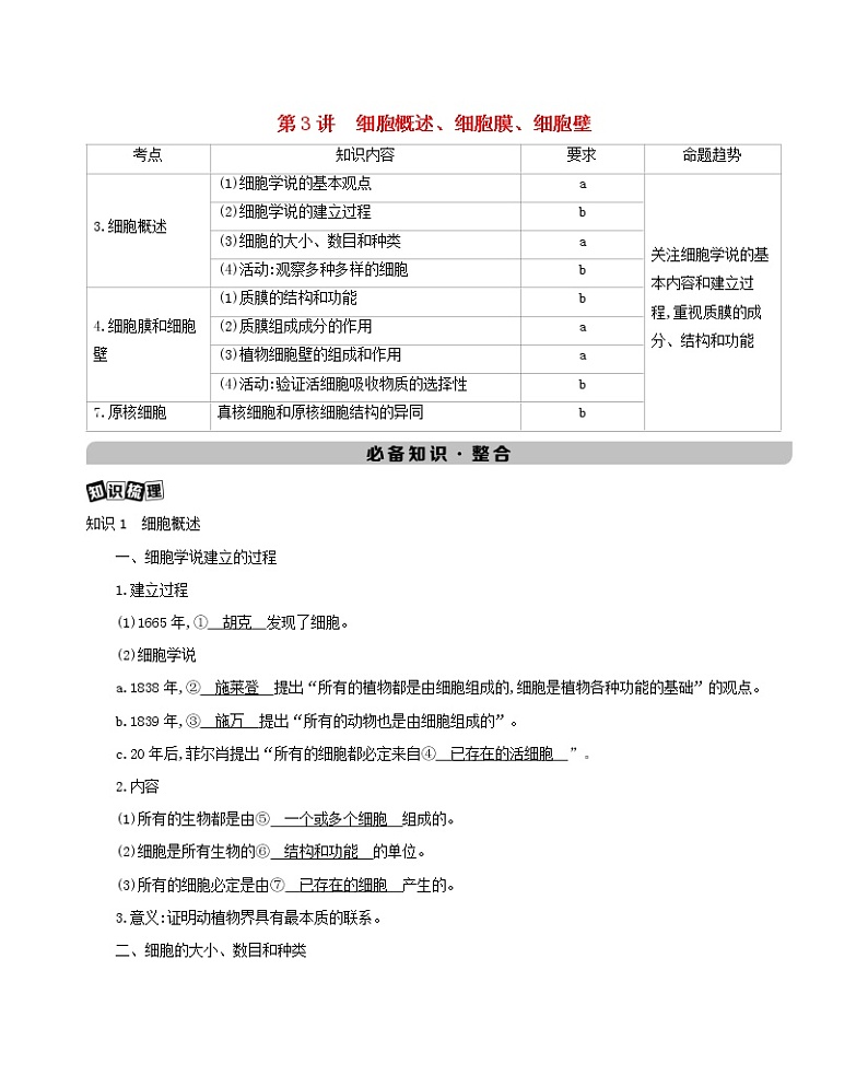 浙江版2022版高考生物总复习第二单元细胞的结构第3讲细胞概述细胞膜细胞壁教案第1页