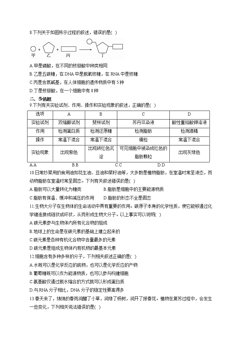 【新课标新高考】2022届高考生物二轮复习专题练AB卷 专题一 细胞的分子组成（A卷）第2页