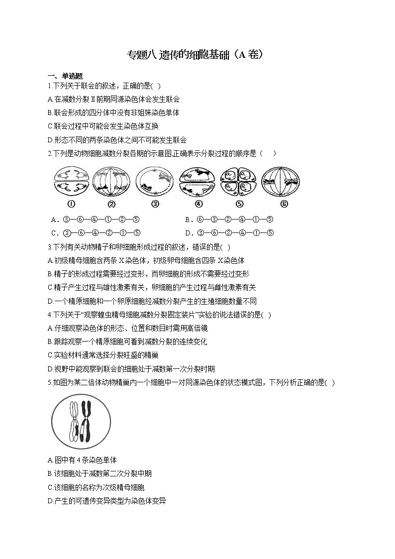 【新课标新高考】2022届高考生物二轮复习专题练AB卷 专题八 遗传的细胞基础（A卷）第1页