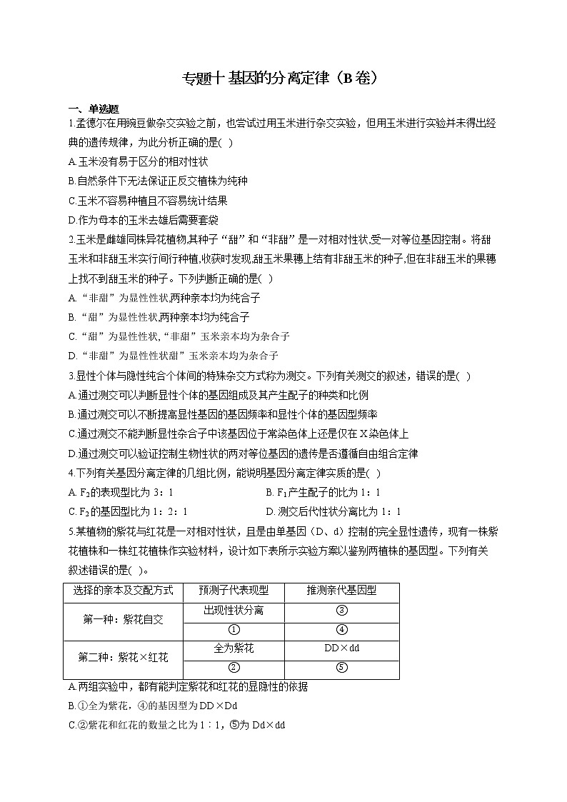 【新课标新高考】2022届高考生物二轮复习专题练AB卷 专题十 基因的分离定律（B卷）第1页