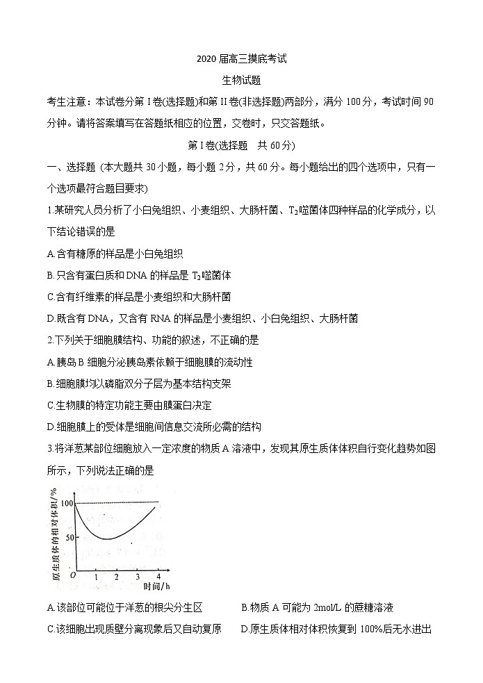 陕西省咸阳市2020届高三上学期第一次模拟考试生物试题01