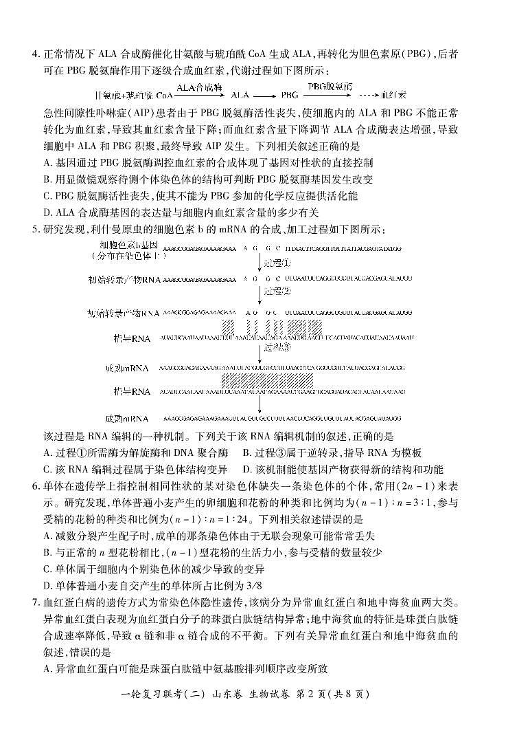 山东省2022届高三上学期11月一轮复习联考（二）生物试卷PDF版含答案第2页
