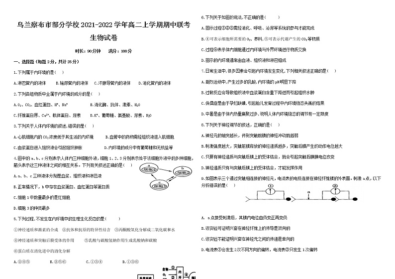 内蒙古乌兰察布市部分学校2021-2022学年高二上学期期中联考生物试题含答案01