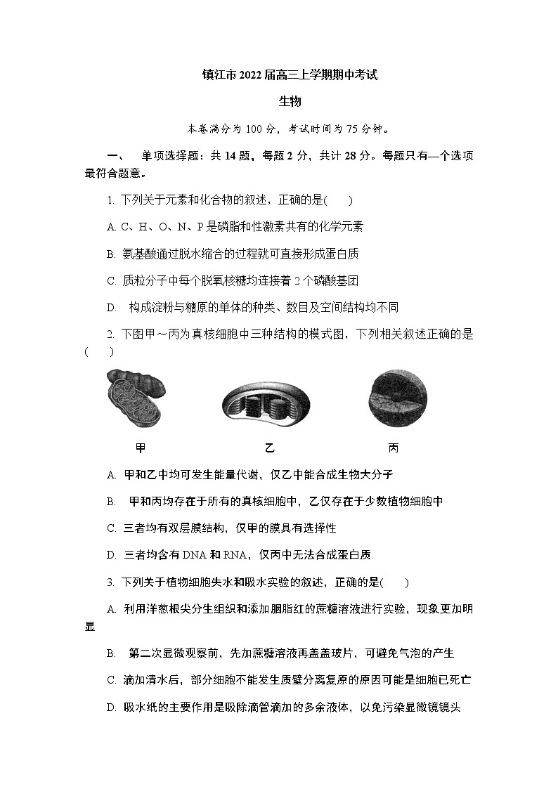 江苏省镇江市2022届高三上学期期中考试生物试题含答案01