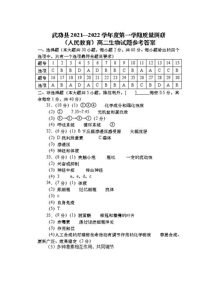 陕西省咸阳市武功县2021-2022学年高二上学期期中质量调研生物试题扫描版含答案01