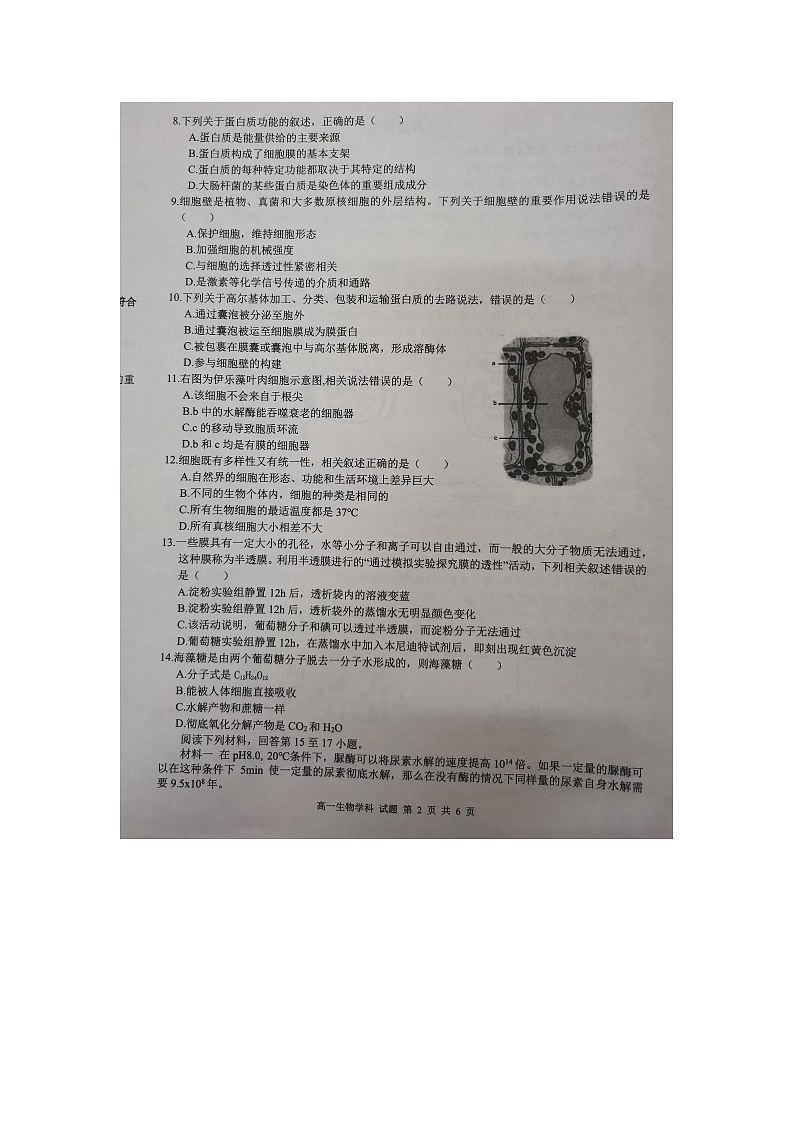 浙江省温州十校联合体2021-2022学年高一上学期期中考试生物试题扫描版含答案02