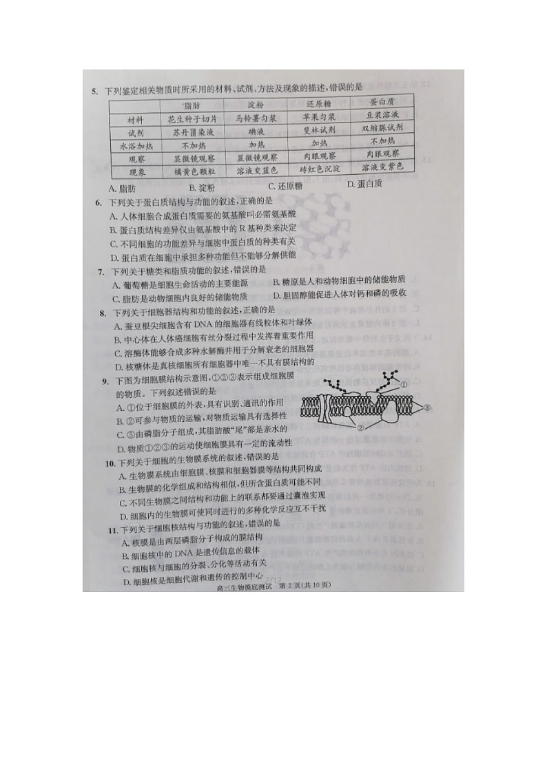 四川省广元市2020届新高三一模考试生物试卷第2页