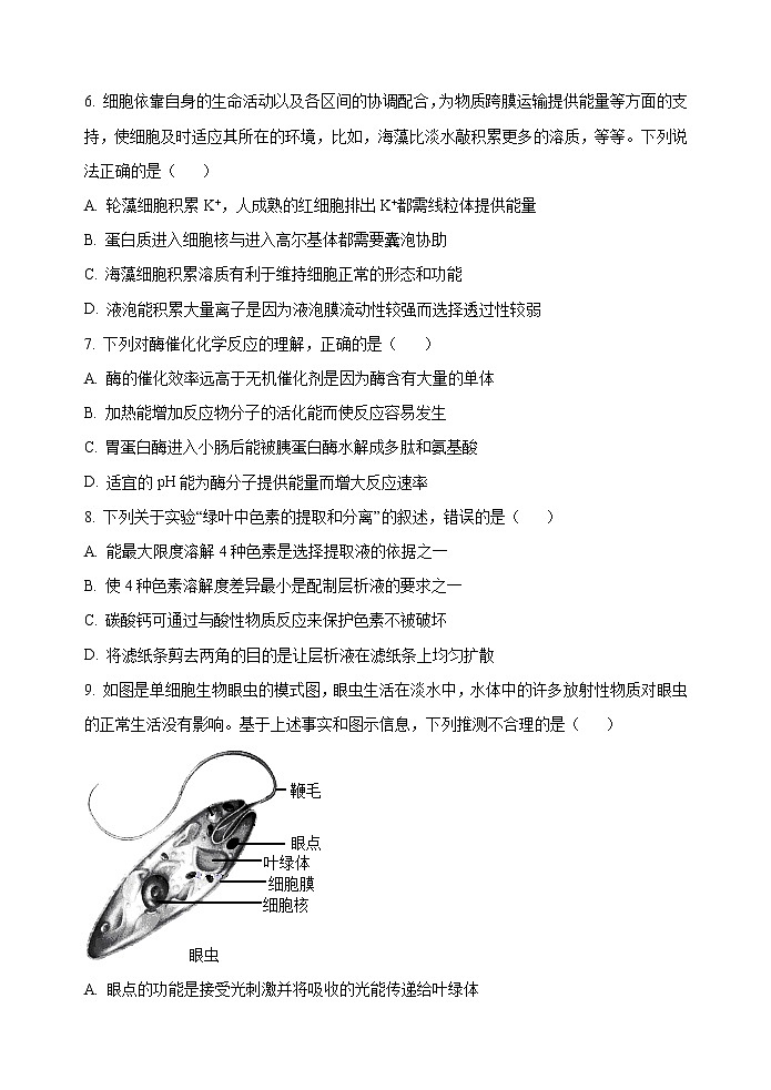 2020-2021学年湖北省黄冈市高一上学期期末调研考试生物试题 （Word版含答案）03