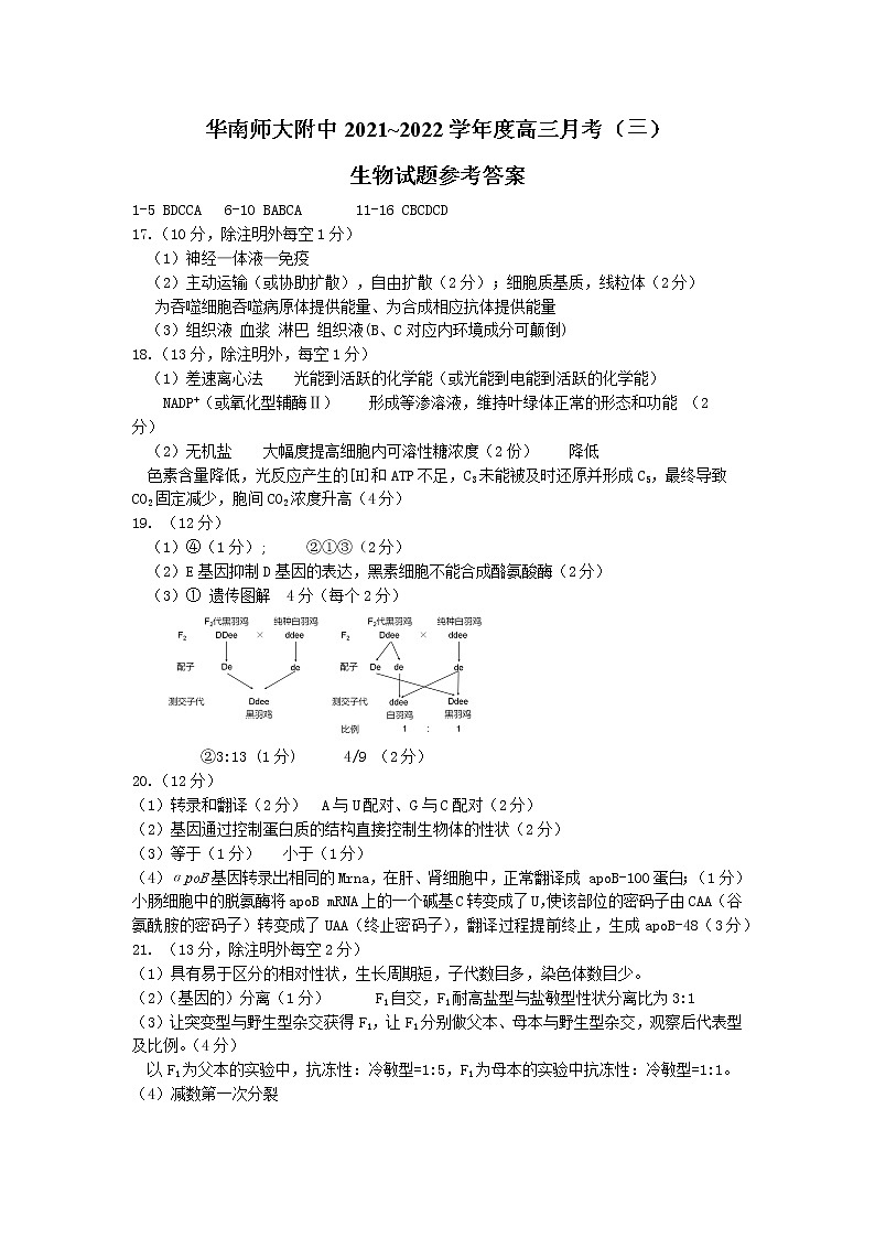 华南师大附中2021高三生物试题月考3参考答案第1页