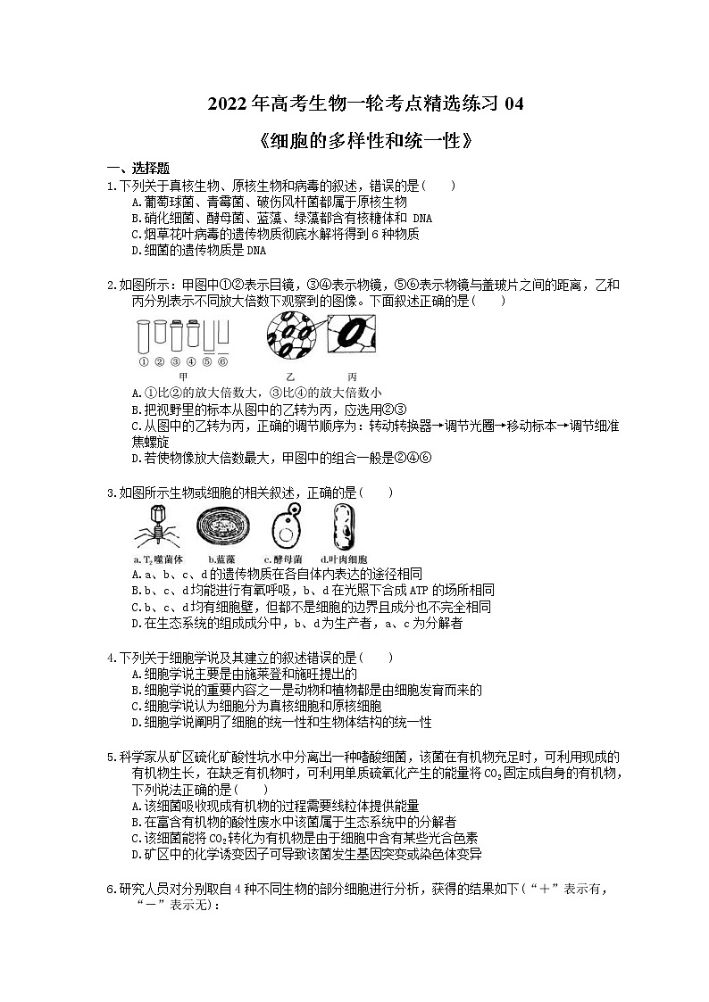 2022年高考生物一轮考点精选练习04《细胞的多样性和统一性》(含详解)第1页