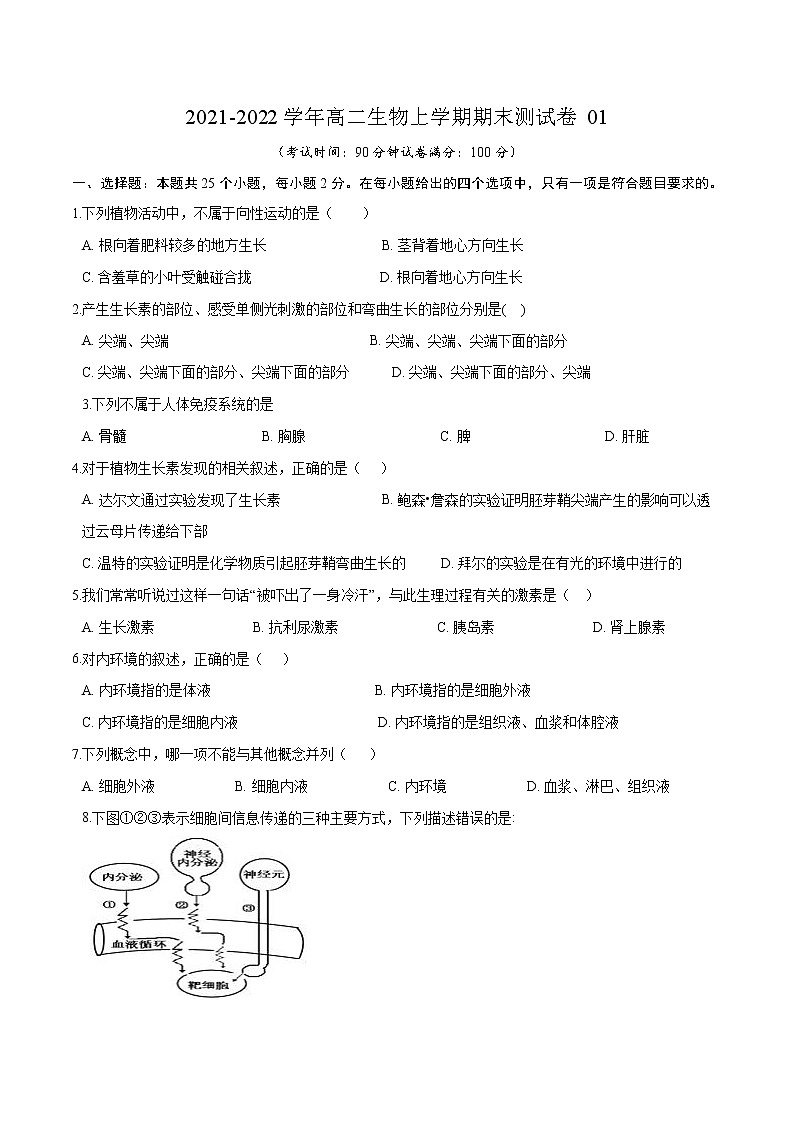 2021-2022学年高二生物上学期期末测试卷01（人教版2019选择性必修1）（原卷版）第1页
