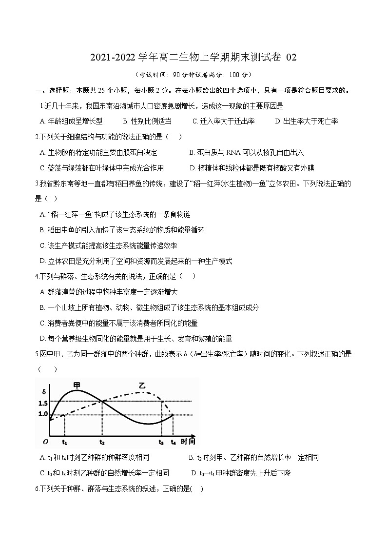 2021-2022学年高二生物上学期期末测试卷02（人教版2019选择性必修2）（原卷版）第1页
