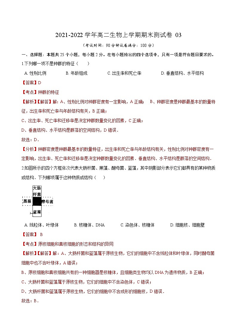 2021-2022学年高二生物上学期期末测试卷03（人教版2019选择性必修2）（解析版）第1页