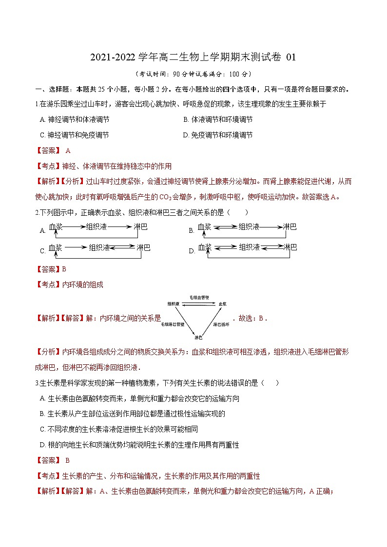 2021-2022学年高二生物上学期期末测试卷01（人教版必修3）（解析版）第1页