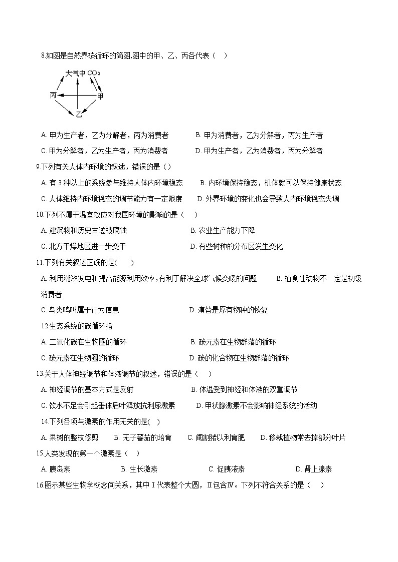2021-2022学年高二生物上学期期末测试卷04（人教版必修3）（原卷版）第2页