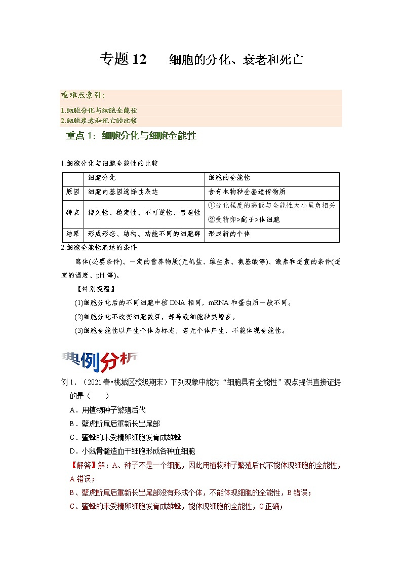 专题12 细胞的分化、衰老和死亡（知识点串讲）-2021-2022学年高一生物上学期期末考点大串讲（人教版2019必修1）学案01