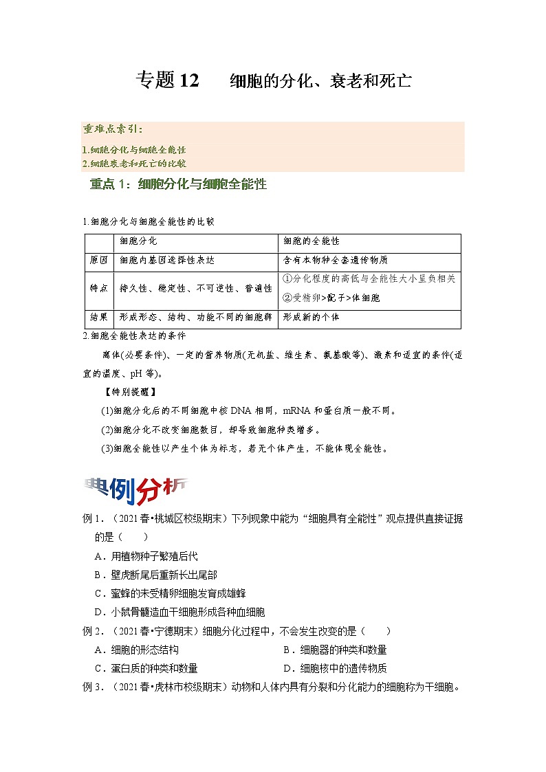 专题12 细胞的分化、衰老和死亡（知识点串讲）-2021-2022学年高一生物上学期期末考点大串讲（人教版2019必修1）学案01