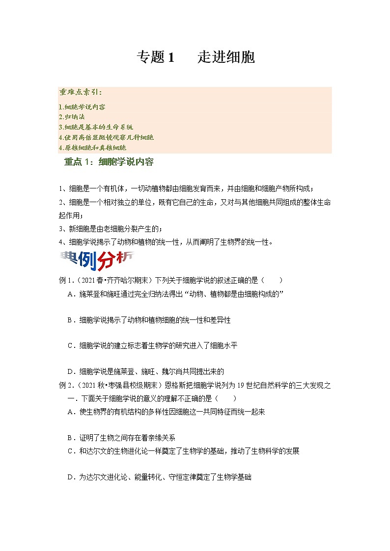 专题01 走进细胞（知识点串讲）-2021-2022学年高一生物上学期期末考点大串讲（人教版2019必修1） (2)学案01