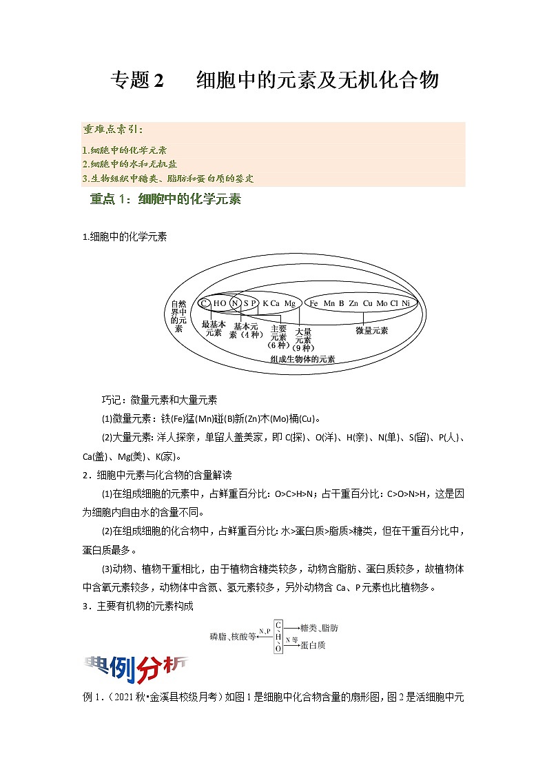 专题02 细胞中的元素及无机化合物（知识点串讲）-2021-2022学年高一生物上学期期末考点大串讲（人教版2019必修1）学案01