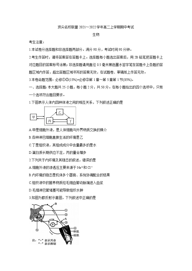 安徽省顶尖联盟2021-2022学年高二上学期期中考试生物含答案01
