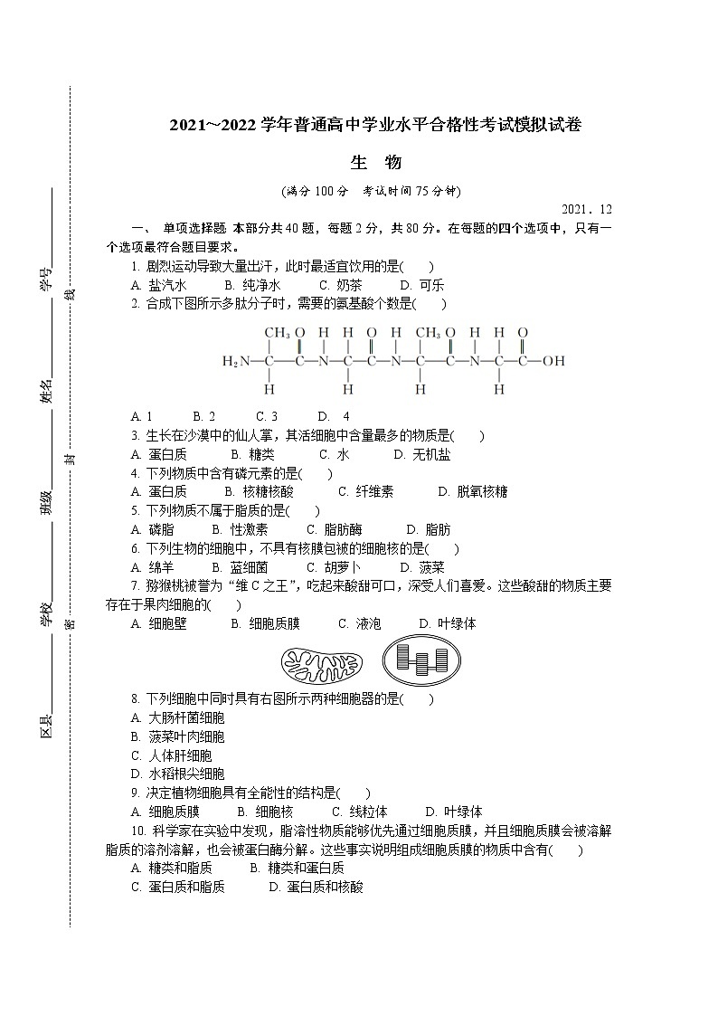 江苏省盐城市2021-2022学年高二上学期学业水平合格性考试模拟试卷（12月）生物含答案01