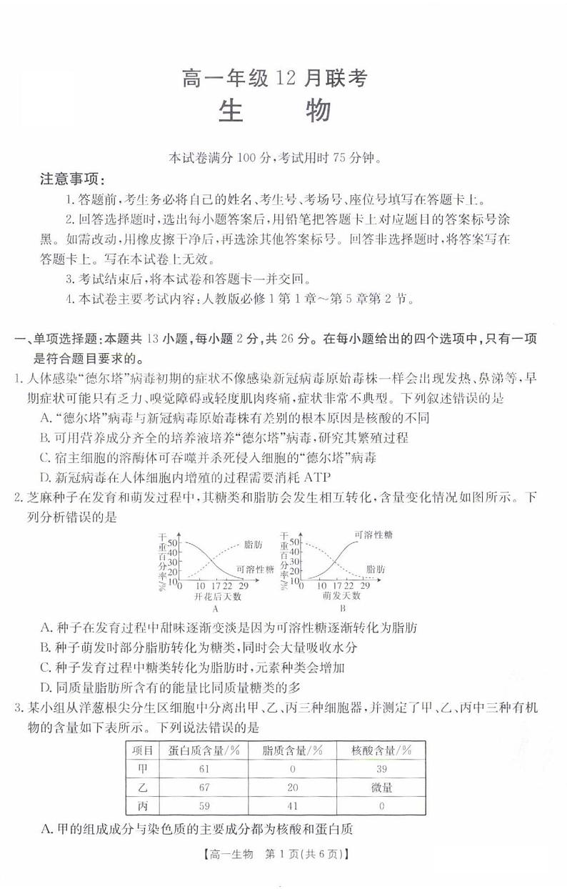 河北省百所学校大联考2021-2022学年高一上学期12月联考生物试题扫描版含答案第1页