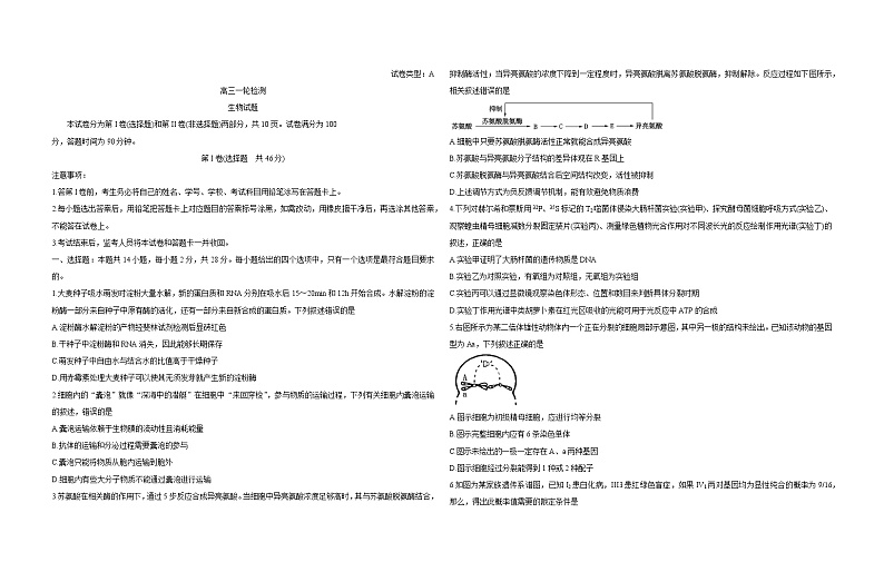 精品解析：山东省泰安市2020年高三一轮检测（一模）生物试题含答案01